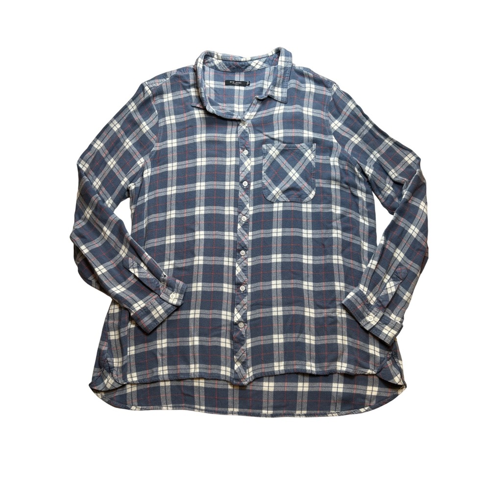 Max Jeans Womens‎ 1X Blue Plaid Flannel Button Down Shirt High Low Long Sleeve